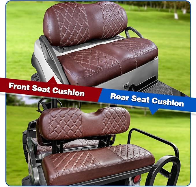 NOKINS Golf Cart Diamond Front&Rear Seat Covers Kit, Front Seat Covers Fits Club Car Precedent/Tempo/Onward Premium Seat Cushion, Rear Seat Covers Fits Aftermarket Standard Cushion(Brown&Brown 8438)