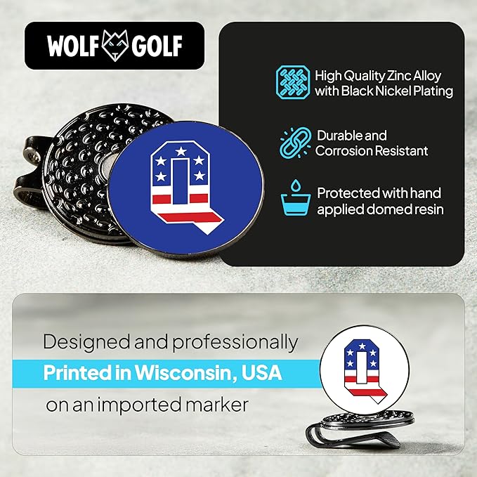 Wolf Golf Towels Golf Ball Marker Hat Clip | USA Monogram | 1 Magnetic Clip + 3 Ball Markers | Patriotic Golf Accessories for Men & Women