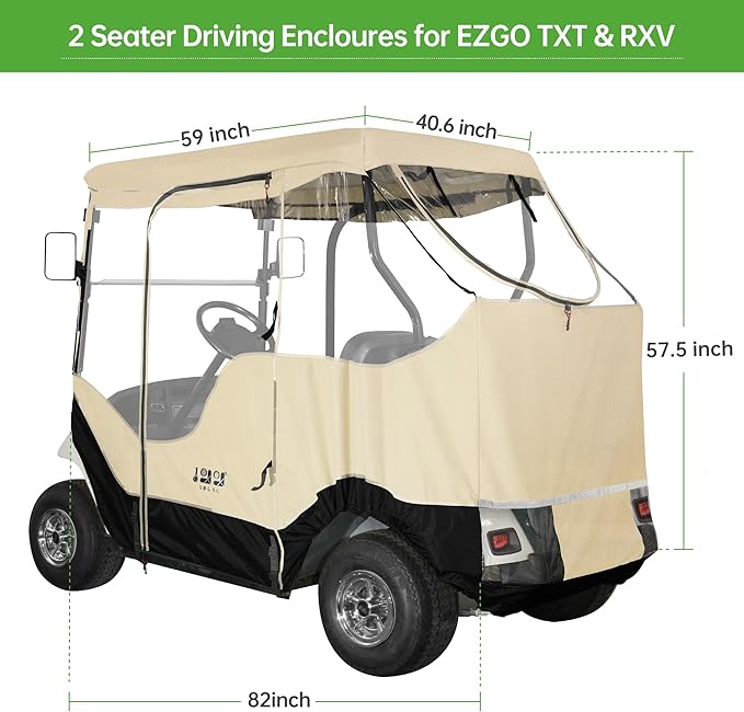 10L0L Golf Cart Enclosure Fit for 2 Passengers EZGO TXT RXV,600D Waterproof Snowproof Golf Buggy Keep Warm Cover, 2 Door Zippers 4-Side Clear Window and 4 Windproof Hooks Golf Cart Rain Cover, Black