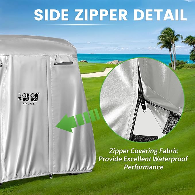 10L0L Golf Cart Cover 2/4/4+2 Passenger for Yamaha EZGO Club Car, Heavy Duty 420D Waterproof Windproof Durable Polyester Golf Cart Cover with 3 Zipper Doors for All-Weather Protection (Black/Silver)