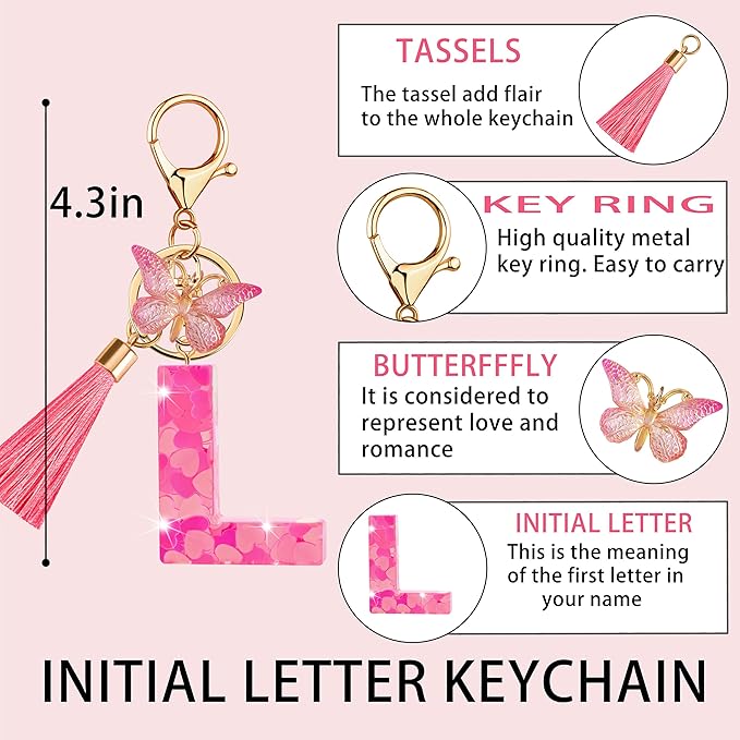 Suweibuke Colourful Cute Initial Letter Keychains for Women Girls with Tassel Butterfly, Charm for Purse Handbags Backpacks
