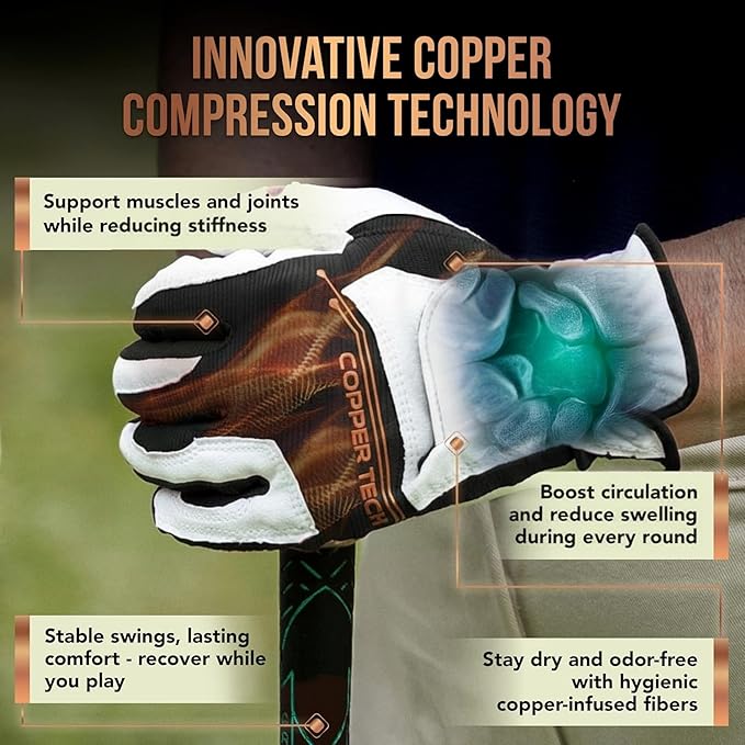 Copper Tech Ladies Golf Gloves Women Right Handed Golfer or Left Handed Golfer 2 Pack | Copper Compression Joint Support with Flexible & Comfortable Fit | AAA Leather & Silicone Tacky Pad