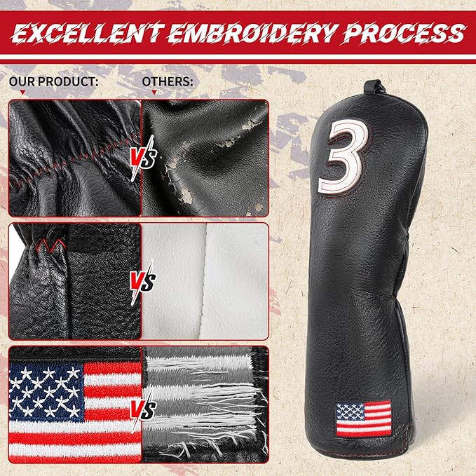 Golf Head Covers, American Flag Patriotism Golf Club Cover for Woods and Driver, Fairway, Hybrid - Premium Leather Golf Club Head Covers with Interchangeable Tags
