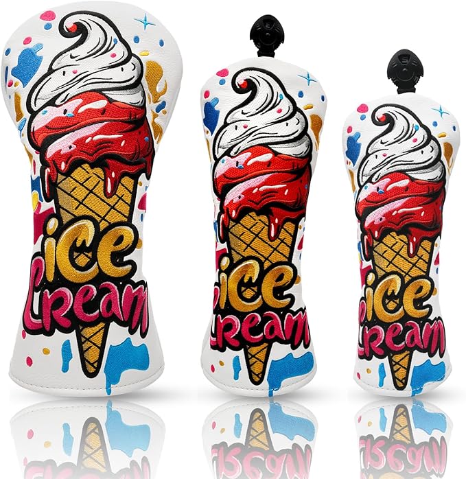 Golf Club Head Covers, Ice Cream Golf Headcovers for Drivers, Fairway Woods, Hybrids, Mallet Blade Putter Cover, Funny Golf Club Covers with Premium PU Leather and Advanced Embroidery for Most Brands