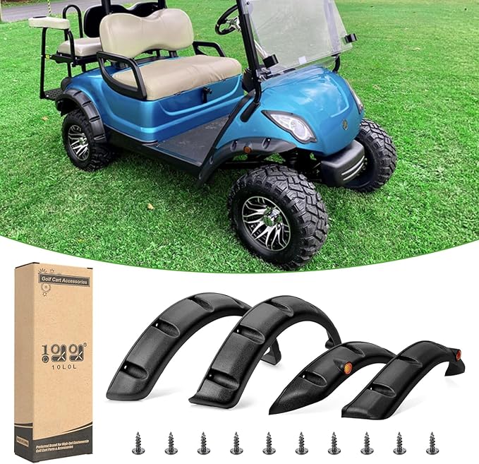 10L0L 4PCS Golf Cart Fender Flares for Yamaha G29, EZGO TXT/RXV, Club Car DS/Precedent - Heavy Duty ABS Plastic Mud Guards with Reflectors & Stainless Steel Hardware