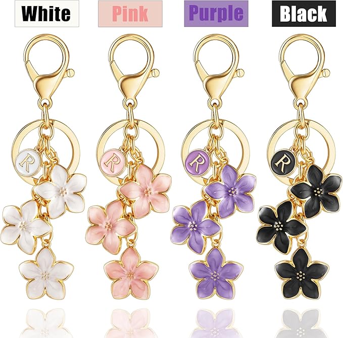 XGALBLA White/Pink/Black Big Cute Flower Initial Letter Keychain for Women, Flower Bag Charms Enameled Keychain Handbag Purse