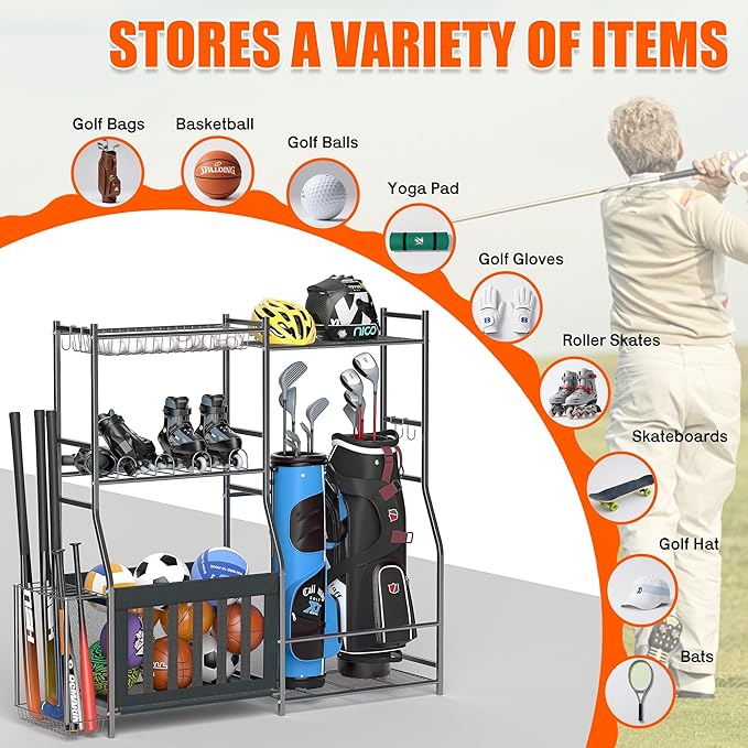 Ultrawall Golf Storage Organizer, Golf Bag Storage Stand for Garage, Golf Equipment Rack with Wheels Fits 2 Golf Bags and Golf Equipment Accessories