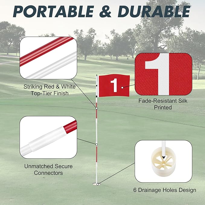 Golf Flagstick 6ft, 5-Section Design, ABS Hole Cup, 420D Nylon Flag for Backyard Practice Putting Green | Driving Range | Country Club, Gift for Golf Lovers