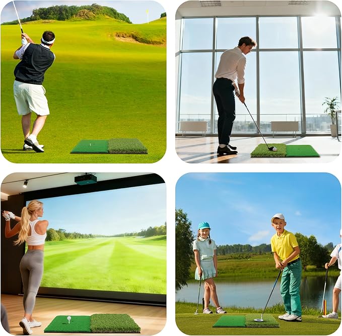 Golf Practice Mat Golf Hitting Mat for Swing, Putting & Chipping | Portable Golf Training Mat Indoor/Outdoor, Dual-Turf/Tri-Turf Golf Mat with 8 Tees