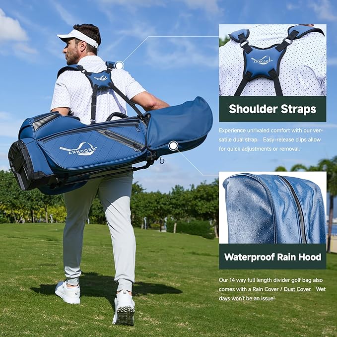 Golf Stand Bag with 14 Way Full Length Dividers, PU Leather Golf Bag for Men, Waterproof Golf Bags with Stand, 6 Pockets & Cooler Pouch, Adjustable Dual Straps, 2 Rain Cover Hood