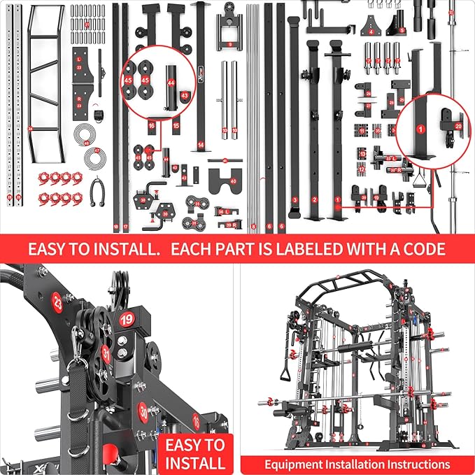 Smith Machine，Multi-Function Squat Rack Power Cage with Cable Crossover System,with Optional Weight Bench, Olympic Barbell Weight Set, for Home Gym