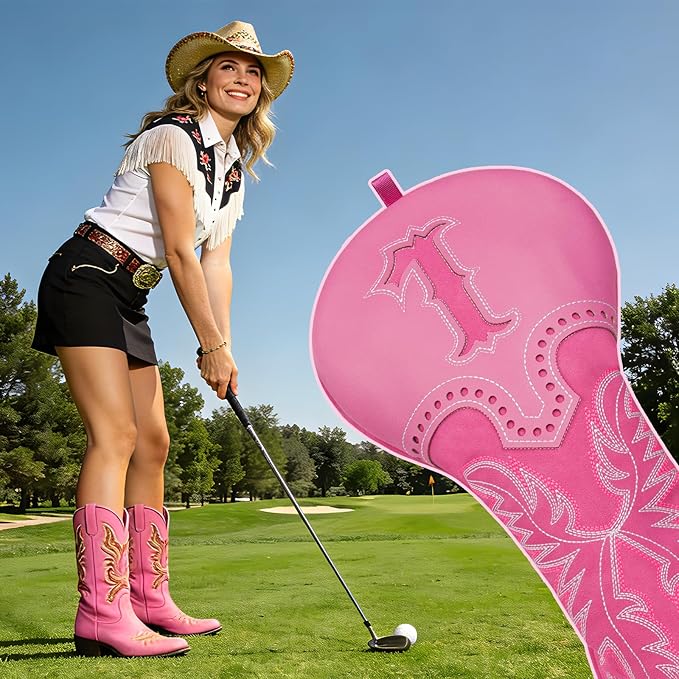 mytag Pink Golf Club Head Covers, Western Cowboy Retro Golf Headcovers with Patch & Embroidery Driver Fairway Wood Hybrids/Rescue Covers