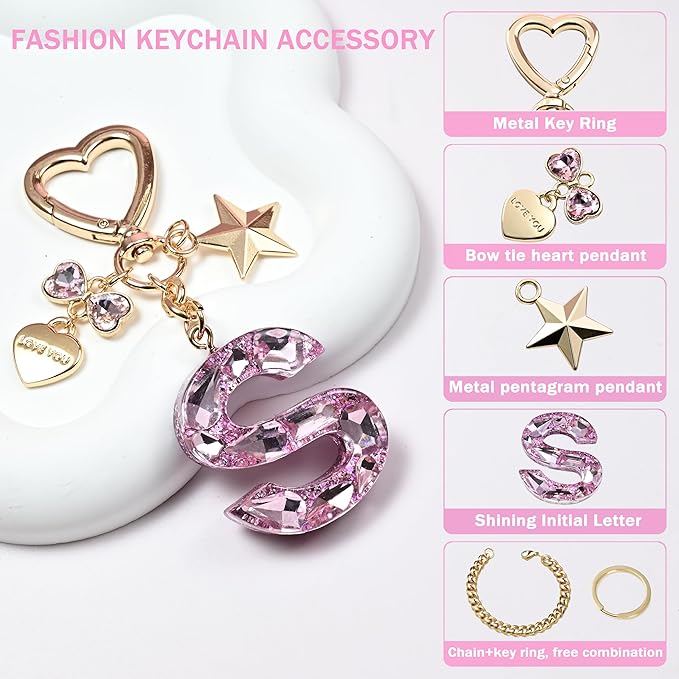 Cute Bling Keychain initial Letter Butterfly Star Pink Purple Gift for Women Girls Bag Cup Charms Accessories
