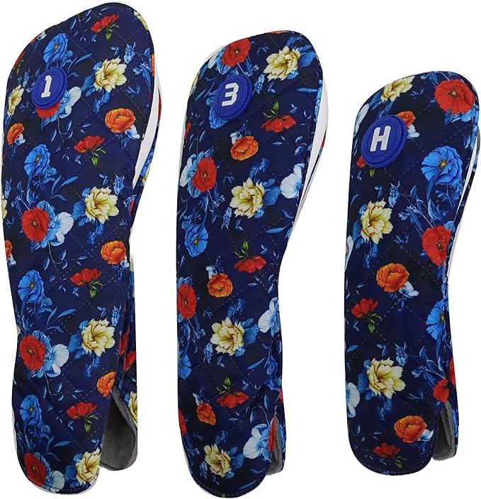 Golf Headcovers for Drivers and Woods – Set of 3 (S/M/L), Leather Club Covers with Magnetic Number Tags, Floral Design, Scratch-Resistant, Fits Most Golf Clubs