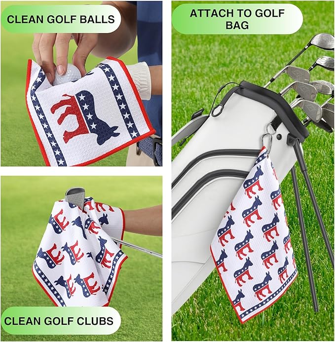 Microfiber Golf Towels for Golf Bags & Carts - Premium Weave Waffle & Ball Towels with Carabiner Clip, Essential Accessories for Men, Women and Kids, Golfer Gifts, Set of 2 (Donkey)