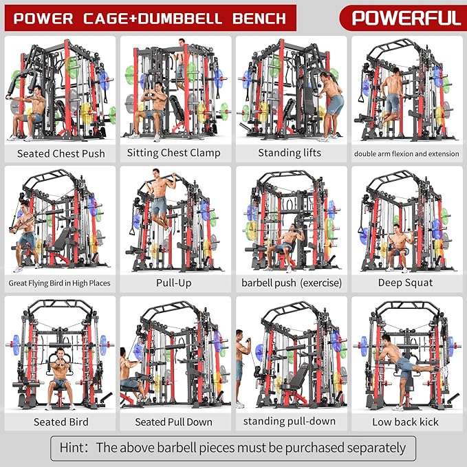 Smith Machine，Multi-Function Squat Rack Power Cage with Cable Crossover System,with Optional Weight Bench, Olympic Barbell Weight Set, for Home Gym