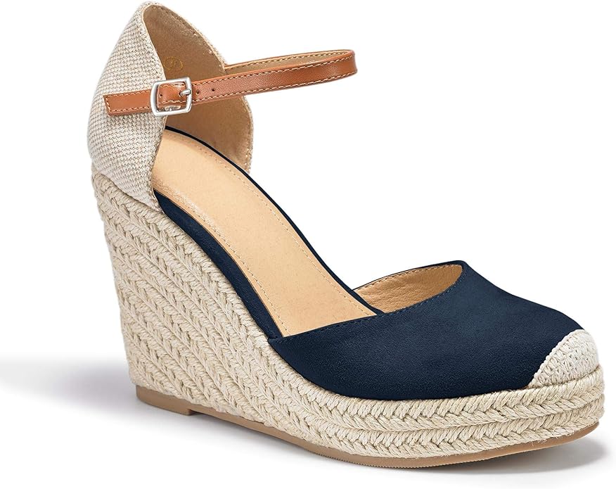 FISACE Womens Summer Espadrille Heel Platform Wedge Sandals Ankle Buckle Strap Closed Toe Shoes