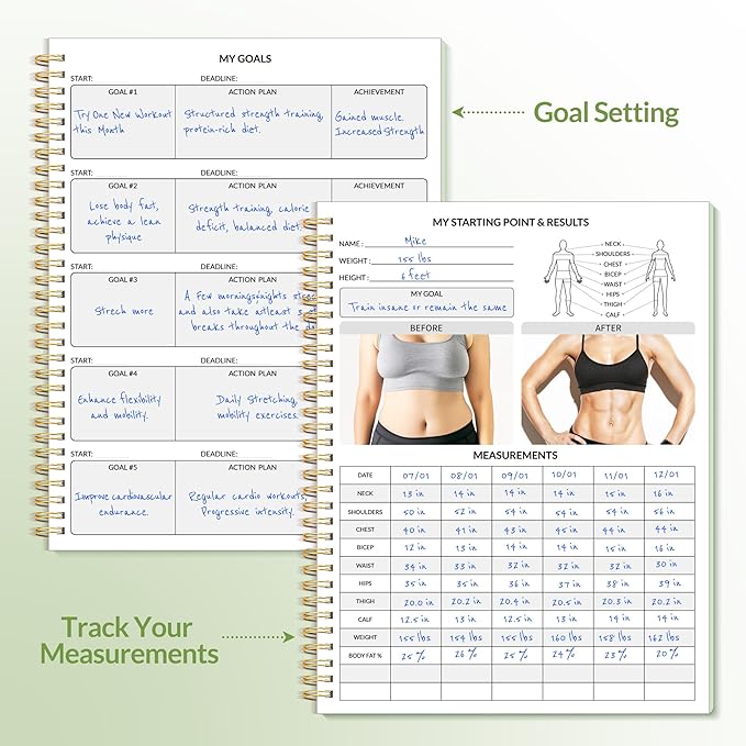 Fitness Journal Workout Planner for Women & Men, A4 (8.5" x 11") Workout Journal Log Book Planner Gift for Track Gym Essentials, Home Workouts, Track Progress, Achieve Wellness Goals, Green