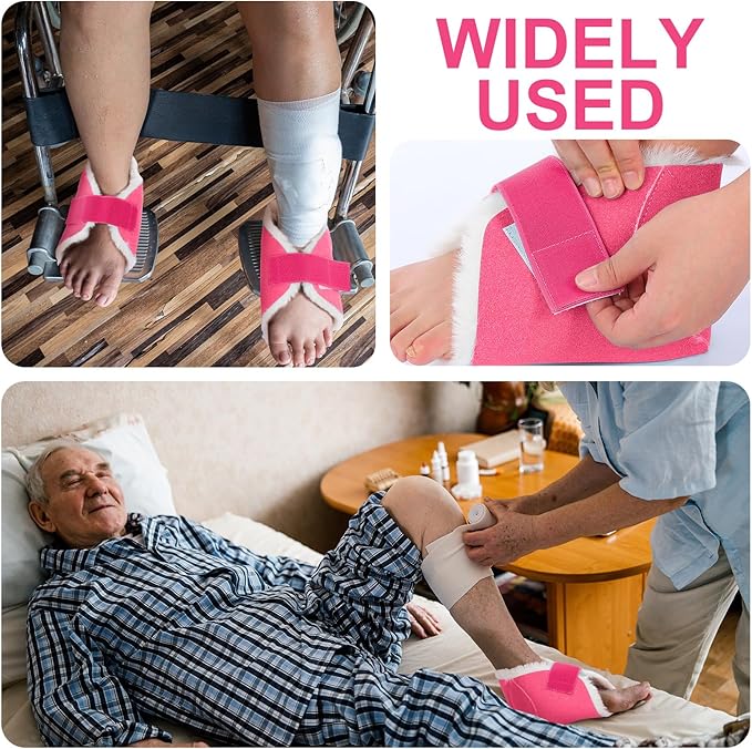 2 Pcs Heel Protectors for Pressure Sores Sheepskin Heel Pads Soft Foot Cushions Pad Protectors Adjustable Foot Pillows with Securing Strap for Bed Sore Ankle Ulcers (Pink)