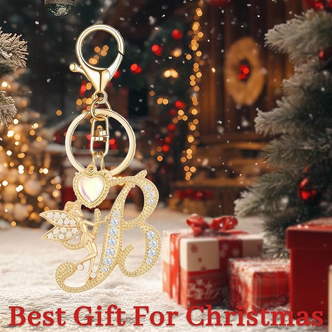 Gold Plated Alphabet Initial Letter Keyring Keychain for Women Girls Crystal Key Chains for Wallet Backpack Bag Charm
