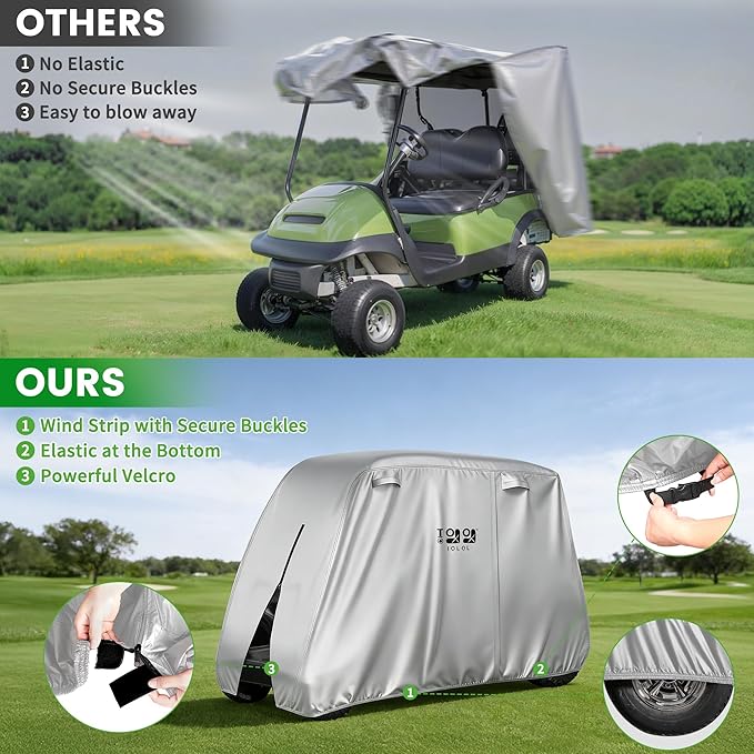 10L0L Golf Cart Cover 2/4/4+2 Passenger for Yamaha EZGO Club Car, Heavy Duty 420D Waterproof Windproof Durable Polyester Golf Cart Cover with 3 Zipper Doors for All-Weather Protection (Black/Silver)