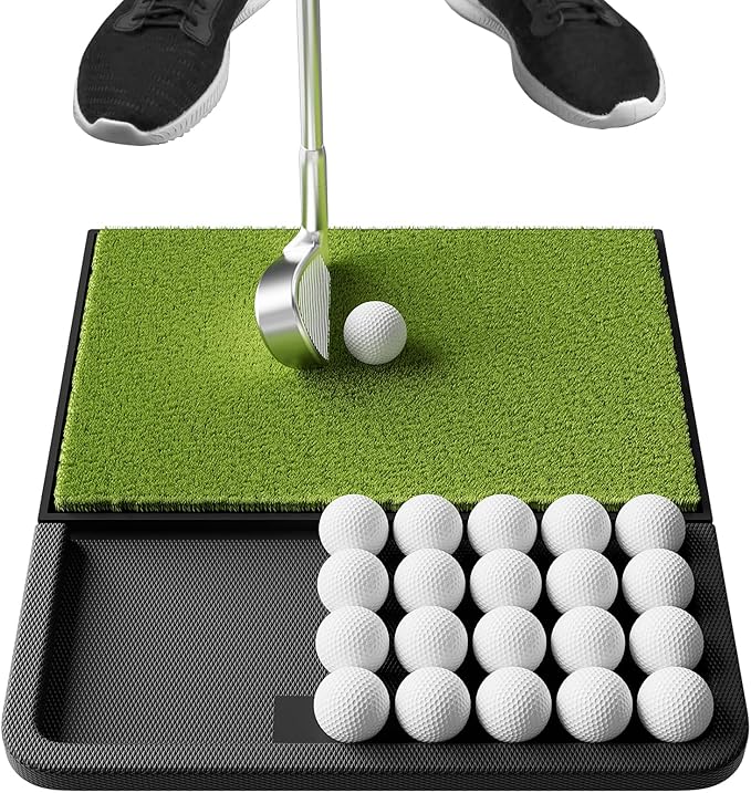 Integrated Golf Mat with Ball Tray, Small Thickening Golf Mats Practice Outdoor & Indoor, Artificial Grass with Anti-Slip Rubber Bottom Mat for Driving, Chipping Swing