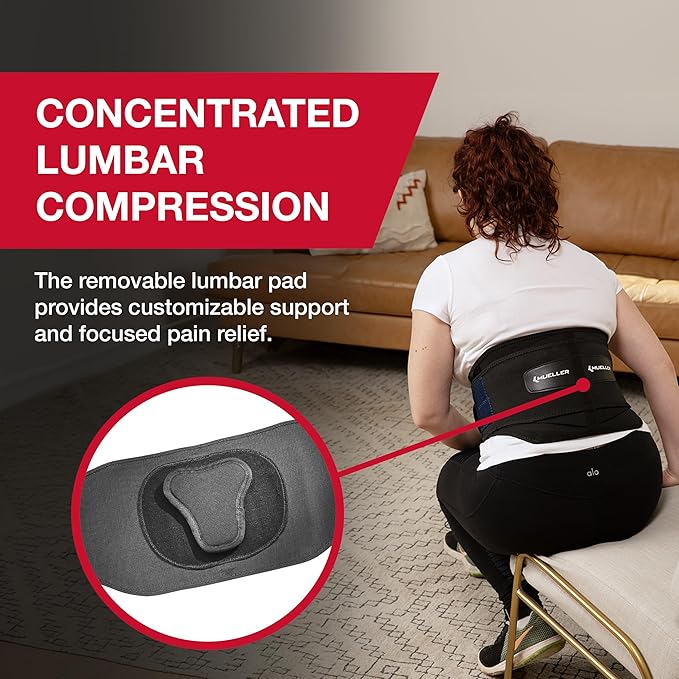 MUELLER Sports Medicine Lumbar Back Brace with Removable Pad, Ideal for Upper and Lower Back Pain, Relief & Support for Men and Women, Strains, Sciatica, Scoliosis, Black, Regular Size