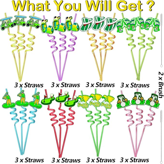 24pcs Golf Themed twisty Reusable Straws for Golf Party Favor Gift Bags,Daily Drinking Straws,Birthday Party,Class Reunions,Sports Golf Party supplies,With 2 Cleaning Brushes.(8color)
