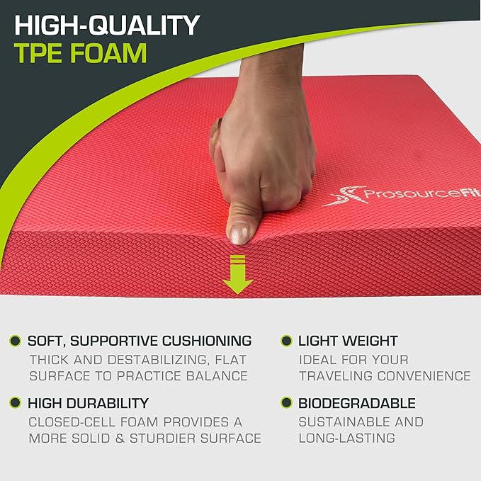 ProsourceFit Exercise Balance Pad – Large Cushioned Non-Slip Foam Mat & Knee Pad for Fitness, Stability Training, Physical Therapy, Yoga 15"x19", Red