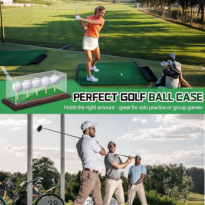 Golf Ball Display Case for 5 Balls Clear Acrylic Lid with Wooden Base and Tees, Memorabilia Stand Holder, Dustproof Transparent Storage Box for Golf Ball Collections Gifts Decor