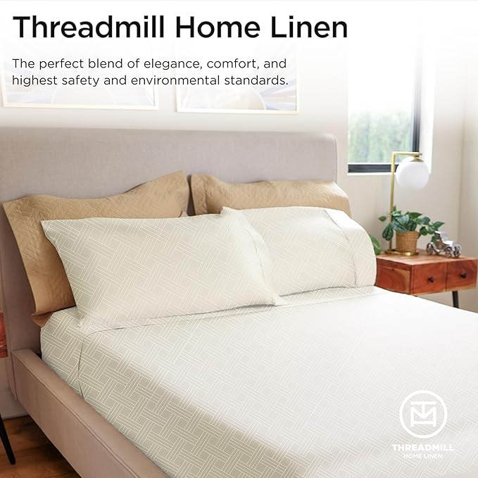 Threadmill Luxury 100% Cotton Full Bed-Sheets - 800 Thread Count Jacquard Celine Ivory,4 Pc Striped Best Sheets for Bed, Damask Sheets with Elasticized Deep Pocket