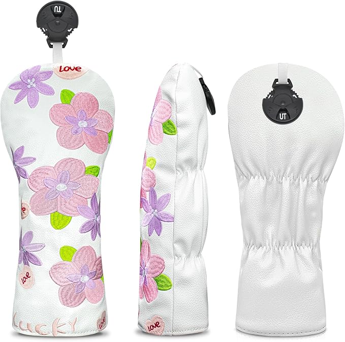 Golf Head Cover Golf Club Peach Blossom Design Golf Covers PU Headcovers Set Fits Driver Fairway Wood Hybrid Utility Woods Iron Wedge Headcover.