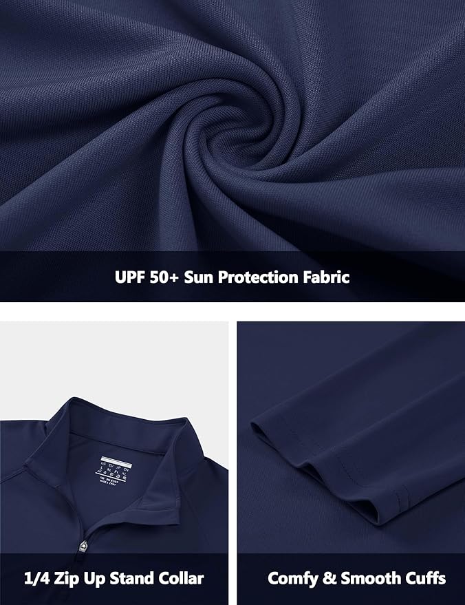 CRYSULLY Men's Long Sleeve 1/4 Zip Shirts Sun Protection Pullover UPF 50+ Rash Guard Running Lightweight T Shirt