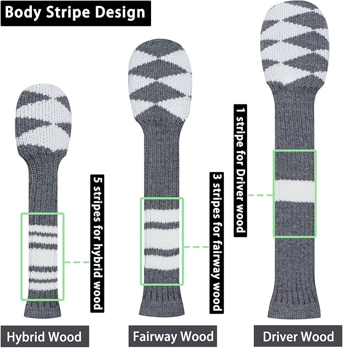 LeFeng 3Pcs Golf Club Covers, Knitted Golf Club Covers for 460cc Driver Fairway Woods and Hybrid