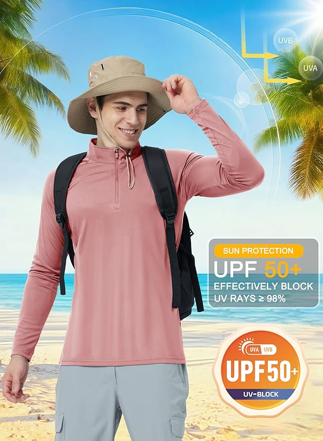 CRYSULLY Men's Long Sleeve 1/4 Zip Shirts Sun Protection Pullover UPF 50+ Rash Guard Running Lightweight T Shirt