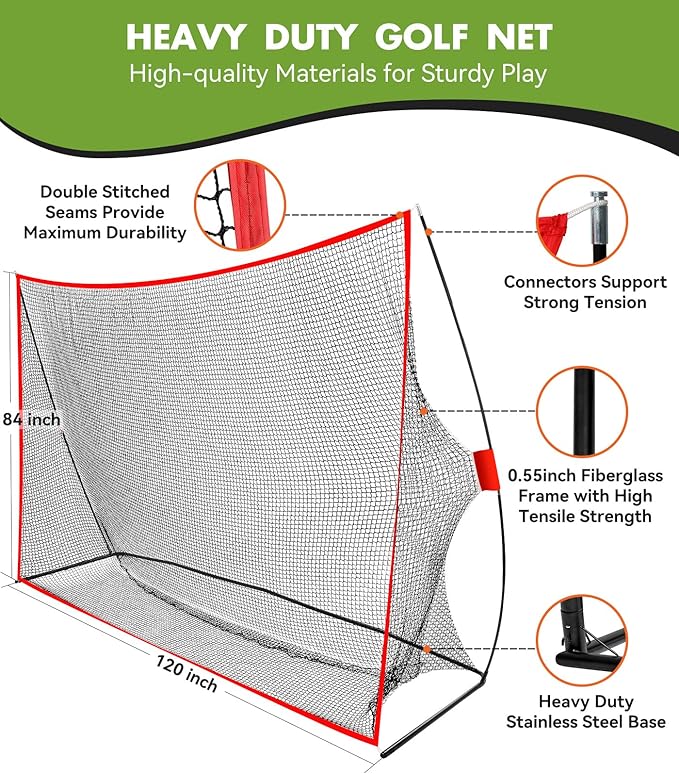Golf Net: 10x7ft Heavy Duty Golf Practice Net for Indoor/Outdoor Training, Portable Golf Hitting Net with Carry Bag, Ideal Golf Training Aid for Golfers Backyard Driving Chipping Swing (Standard)