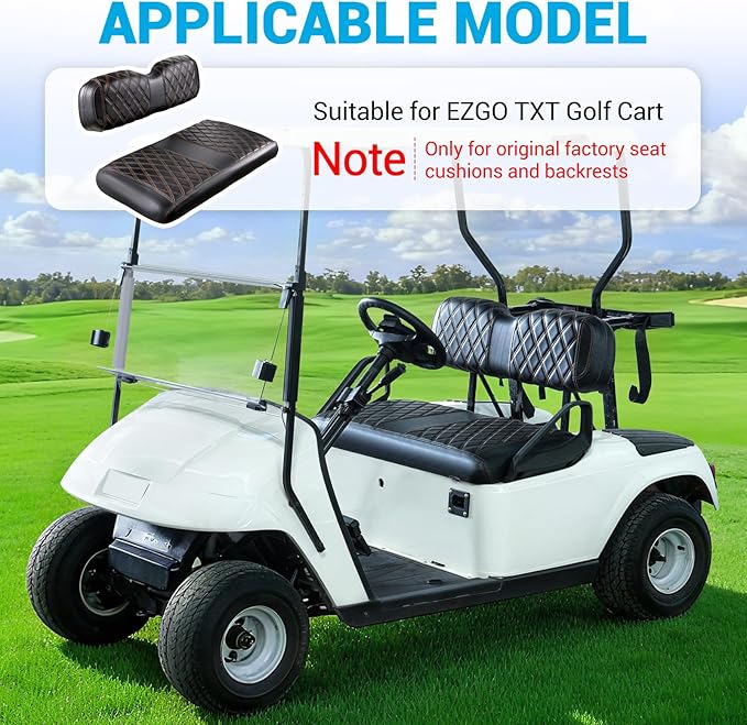 Golf Cart Diamond Seat Covers Kit Suitable for EZGO TXT Standard Front Seat Cushion, EZGO TXT Front Seat Covers Kit No Drilling & Waterproof (Black PVC Leather & Brown Stitching)
