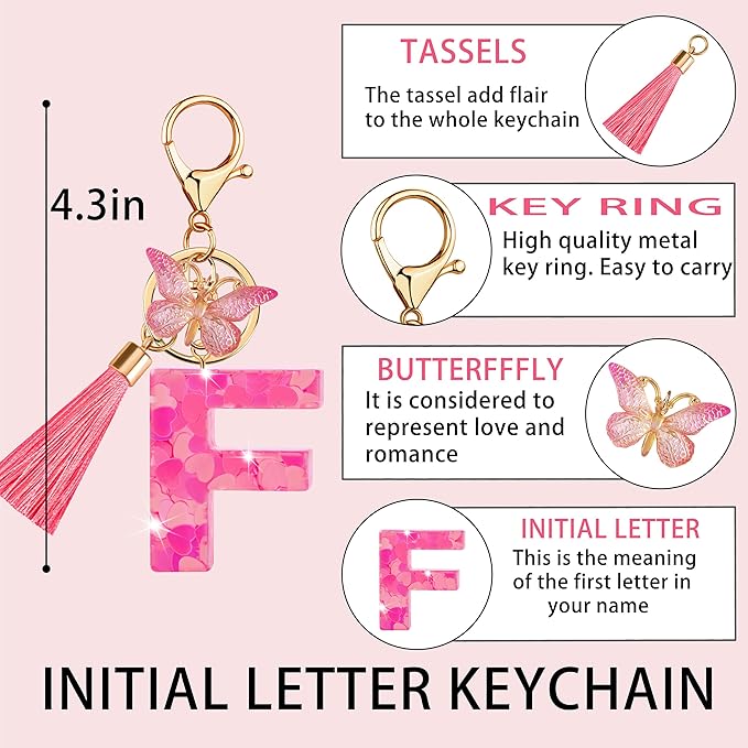 Suweibuke Colourful Cute Initial Letter Keychains for Women Girls with Tassel Butterfly, Charm for Purse Handbags Backpacks