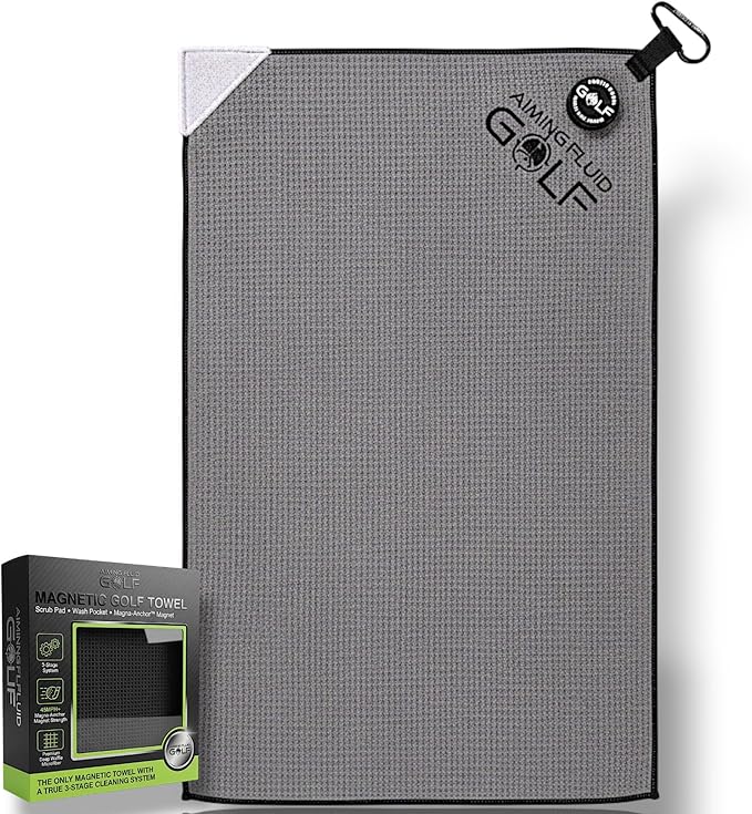 Magnetic 3-Stage Cleaning System Golf Towel - Microfiber Rag with Magnet for Golfcart Bags for Men and Women Golfers Accessories (Cool Grey, 16" x 24" Stubby)