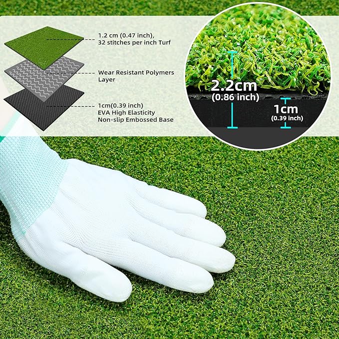 Golf Mat 5x4ft Thicken Golf Hitting Mats Outdoor, Golf Practice Swing Mat, Golf Stance Mat, Golf Training Aid, Non-Slip/High-Elastic Base, w/ 10 Golf Tees & 8 Golf Balls