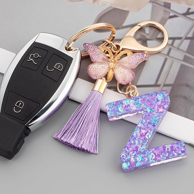 Suweibuke Colourful Cute Initial Letter Keychains for Women Girls with Tassel Butterfly, Charm for Purse Handbags Backpacks