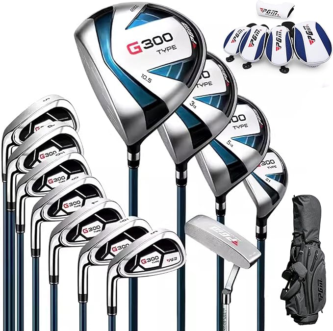 PGM 18 Pieces Men’s Golf Club Set 12pcs Clubs – Titanium #1 Driver, Draw-Biased Hybrid, High-Strength Irons, Forgiving Putter, Stand Bag with 5 Head Covers