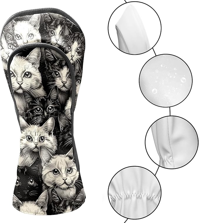 Golf Club Covers Cats Black Driver Headcover, Leather Golf Club Head Covers for Driver Fairway Woods Waterproof Golf Headcovers with Anti-Scratch Lining for Men Women