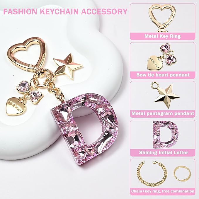 Cute Bling Keychain initial Letter Butterfly Star Pink Purple Gift for Women Girls Bag Cup Charms Accessories