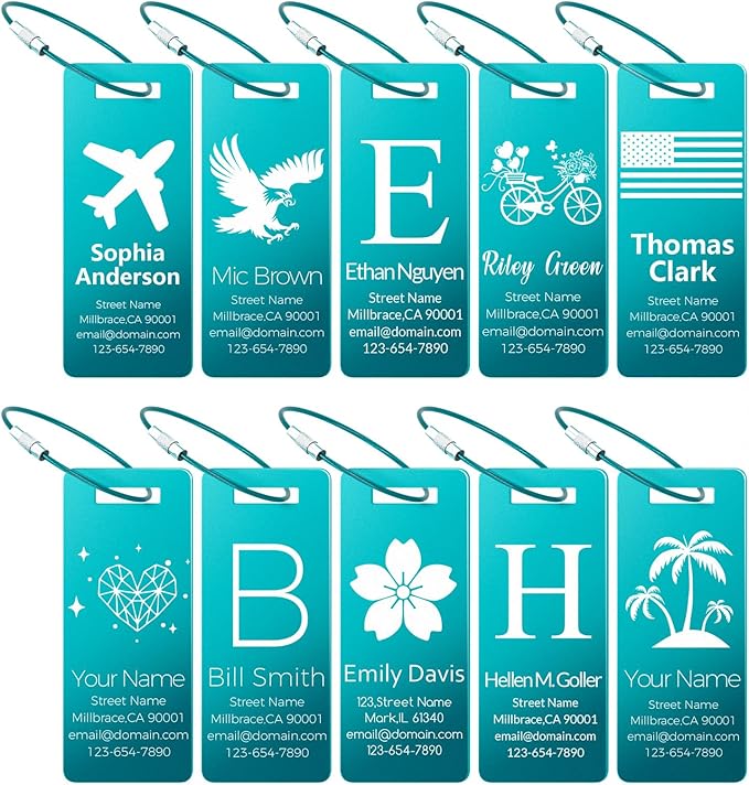 10 Personalized Metal Luggage Tags, Custom Suitcase Aluminum Name Tags with Steel Ring, Laser Engraved Name and Logo, for Travel, Backpack, Baggage, Golf Bag (Lake Blue)