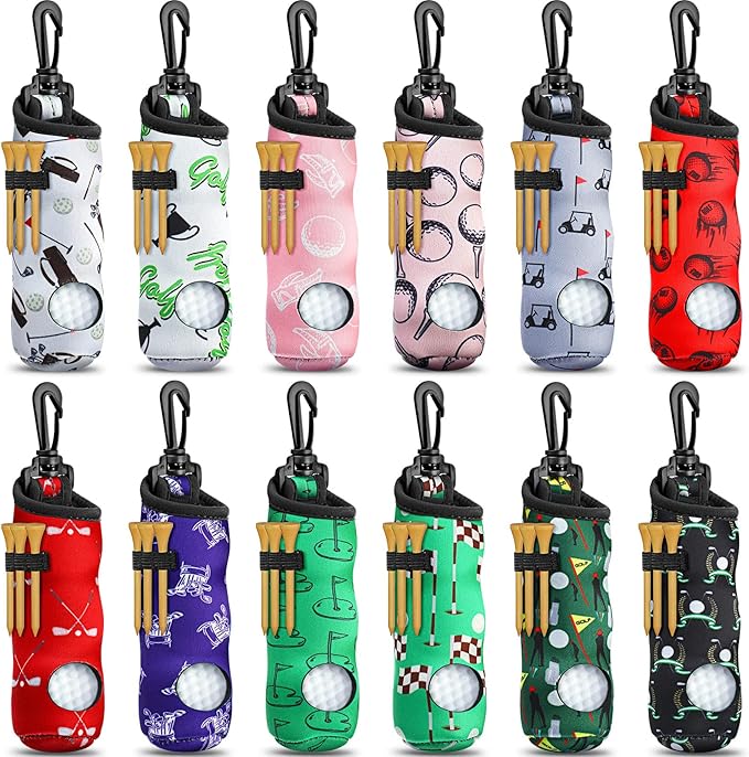 Jerify 12 Pieces Golf Ball Holder Soft Carry Bag with Tee Holder Keychain Belt Clip Hook Portable Golf Accessories for Women Ladies Golfer Pouch Gifts, 12 Styles