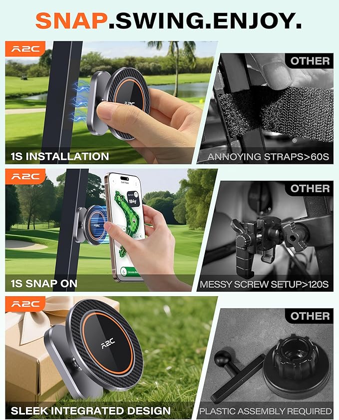 A2C Alloy Magnetic Golf Cart Phone Holder Compatible with MagSafe iPhone 12-17, Fits EZGO, Club Car, Yamaha, Golf Cart Accessories Essentials 2025 Stocking Stuffers Ideas Golf Gifts for Men Women Him