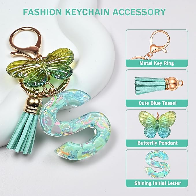 JINGUAZI Initial letter Keychains for Women Tassel Butterfly Pink Purple Cute Car Keychain for Wallet Backpack bag charm