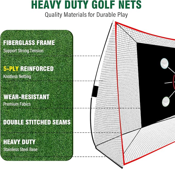 Golf Net, 10x7FT with Golf Practice Mat, Hitting Aid Net with Multi Targets Training for Backyard Driving Chipping Indoor Outdoor Use, 5-Ply Anti-Tear Netting & Carry Bag, Gifts for Men Dad Him Golfer