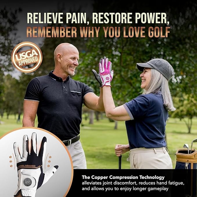 Copper Tech Ladies Golf Gloves Women Right Handed Golfer or Left Handed Golfer 2 Pack | Copper Compression Joint Support with Flexible & Comfortable Fit | AAA Leather & Silicone Tacky Pad